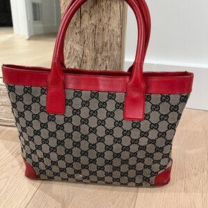 Vintage Classic Gucci Tote with GG Canvas Monogram and Red Leather Accent